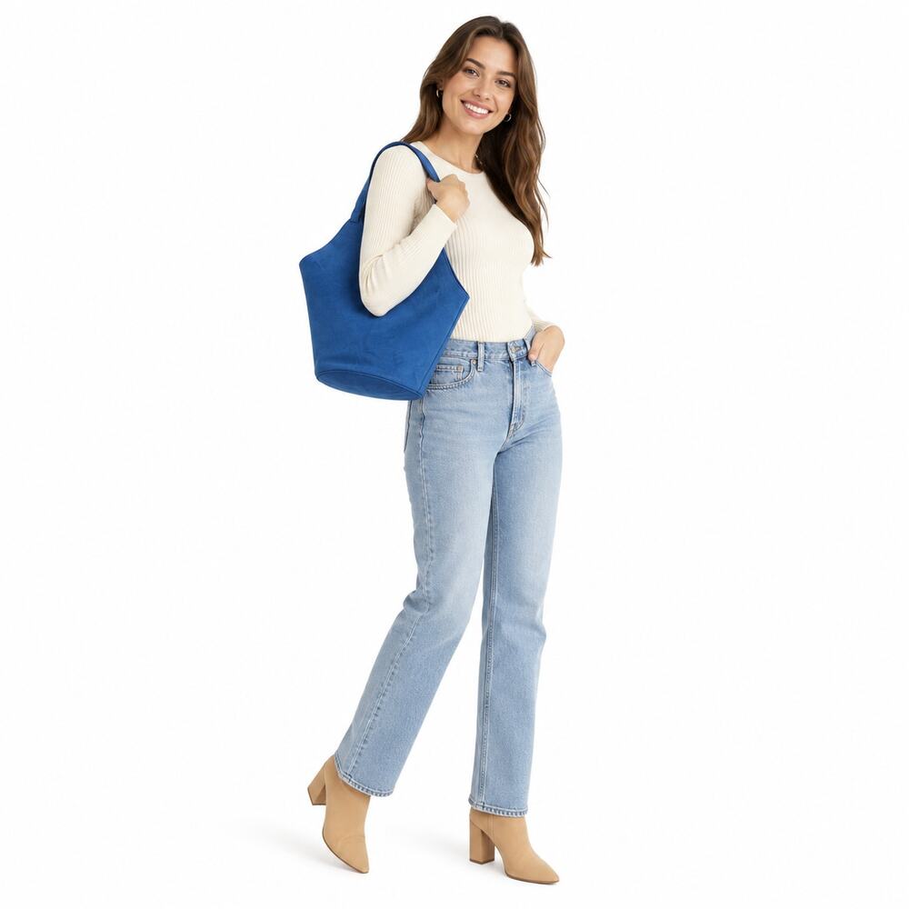 Womens Blue Faux Suede Bucket Tote Shoulder Bag Minimalist Work Travel Everyday